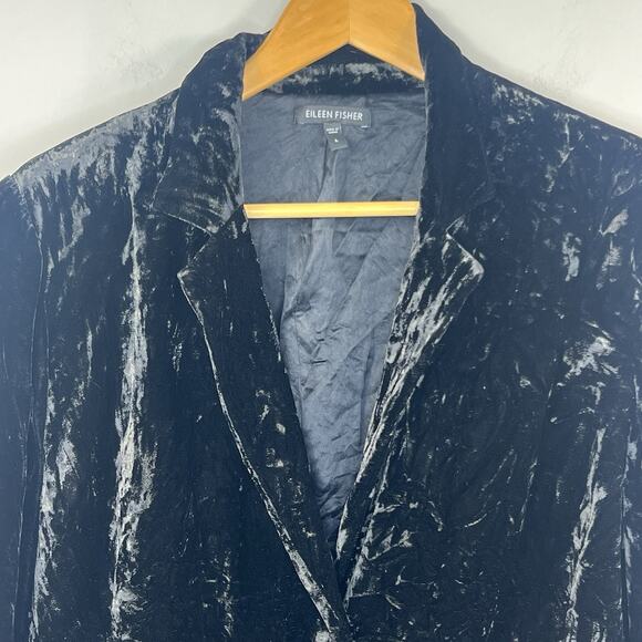 Eileen Fisher Black Crushed Velvet Silk Blended Blazer Jacket Size L - Picture 2 of 8